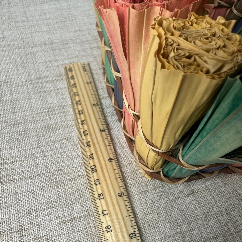 Handmade Woven Twig Planter Cachepot w/ Colorful Palm Leaf Accents